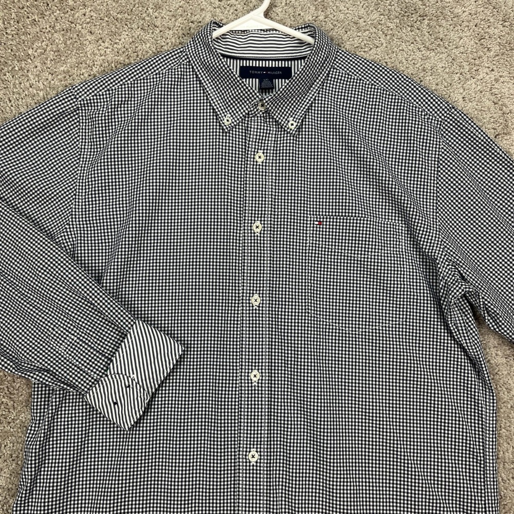 Tommy Hilfiger Mens Shirt L Long Sleeve Button Down Gray Gingham Check Flip Cuff